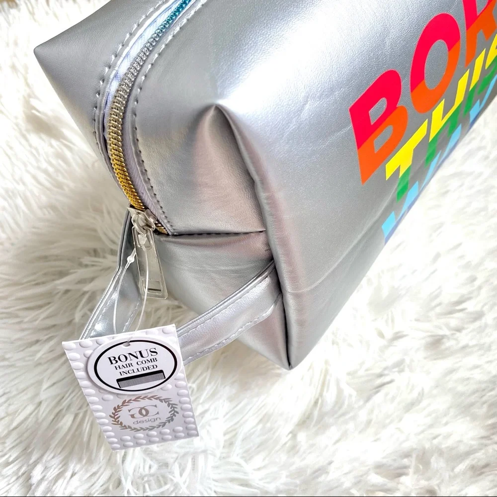 BORN THIS WAY Large Cosmetic Travel Bag Metallic Silver Multicolor
